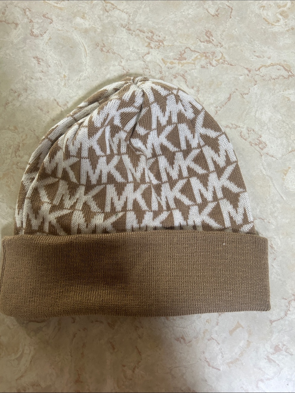 MICHAEL Michael Kors Tan and White MK Logo Beanie